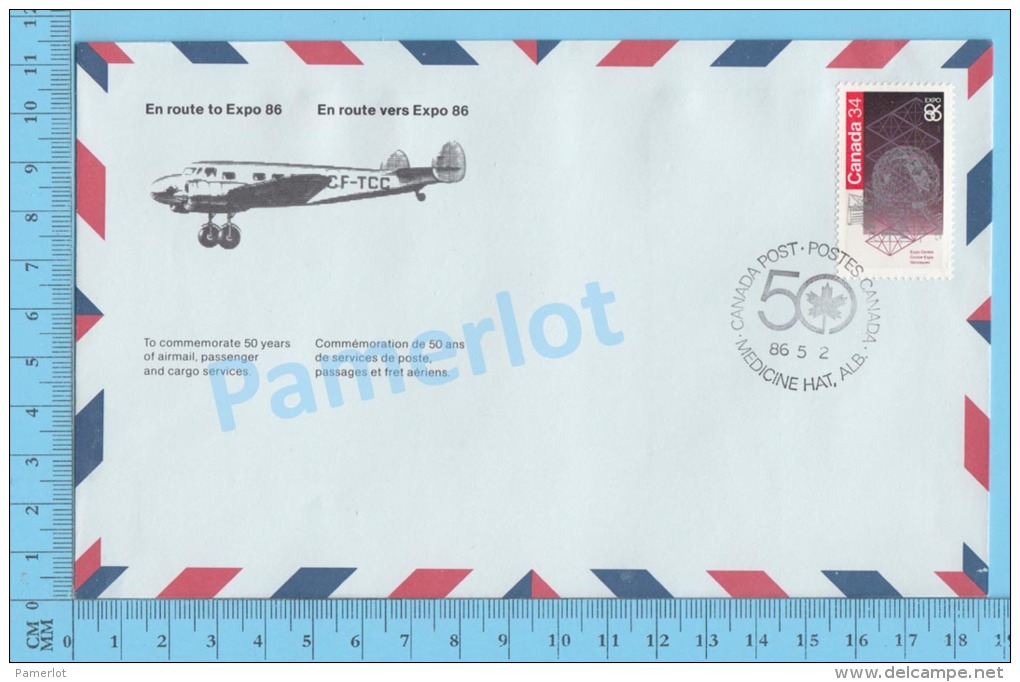 50 Eme Air Canada ( En Route  Expo 86, Service De Poste, Escale Medecine Hat ALB. 02-05-1986, Aerogramme )2 Scans - Enveloppes Commémoratives