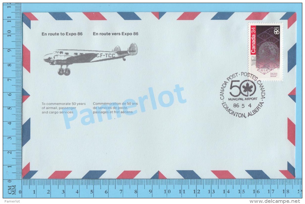50 Eme Air Canada ( En Route  Expo 86, Service De Poste, Escale Edmonton ALB. 04-05-1986, Aerogramme )2 Scans - Enveloppes Commémoratives