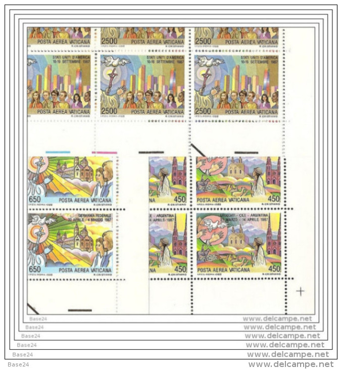 1988 Vaticano Vatican VIAGGI DEL PAPA  JOURNEYS OF THE POPE 20 Serie Aeree di 5v. in Foglio MNH** Air Mail Sheets