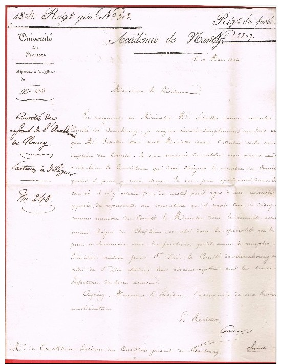 Académie Nancy Université Sarrebourg Pour Mr. De Turckheim  Consistoire Protestant Strasbourg 1834 - 1801-1848: Precursori XIX