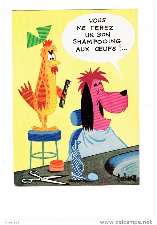 Cpm Illustration Humour SHAMPOOING AUX OEUFS - LES ANIMAUX DE BARBEROUSSE Coiffeur Coq Chien Peigne Ciseaux Vaporisateur - Barberousse