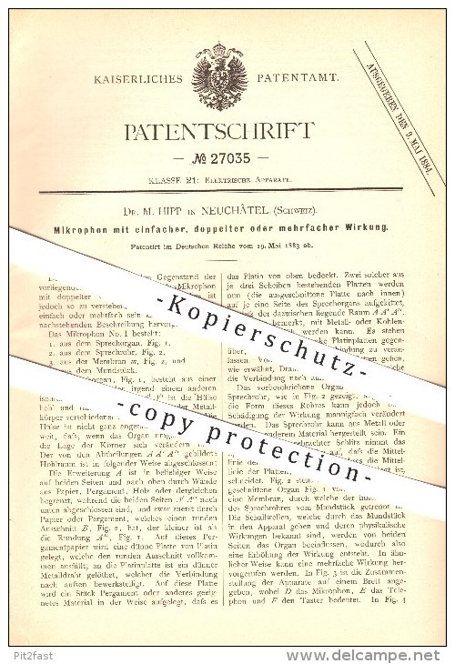 Original Patent - Dr. M. Hipp In Neuchâtel , Schweiz , 1883 , Mikrophon , Mikrofon , Sprechorgan , Schallwellen !!! - Documents Historiques