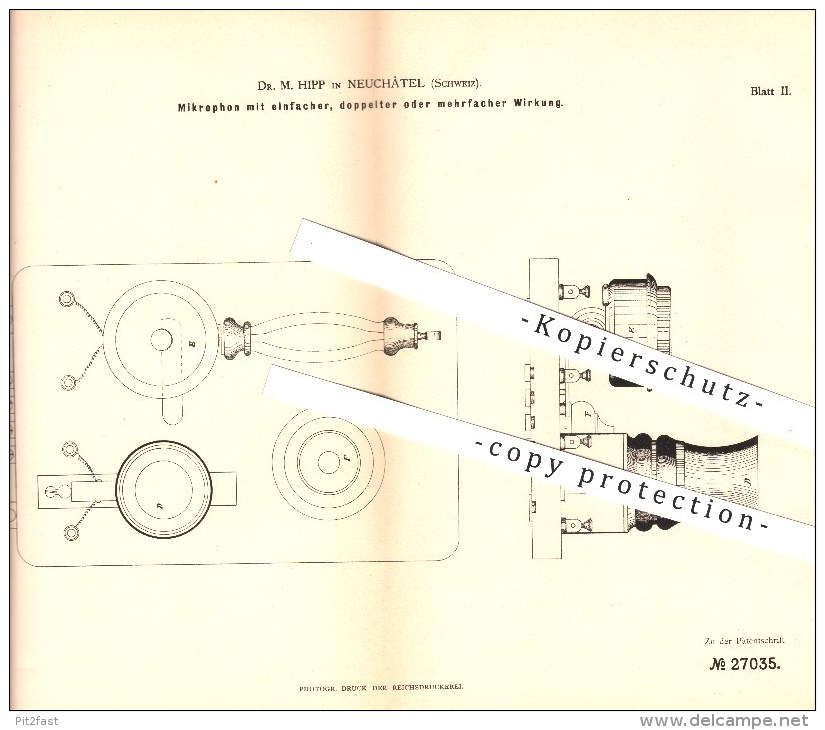 Original Patent - Dr. M. Hipp In Neuchâtel , Schweiz , 1883 , Mikrophon , Mikrofon , Sprechorgan , Schallwellen !!! - Documents Historiques