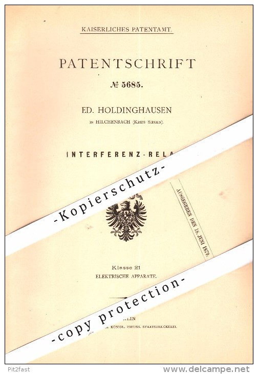 Original Patent - E. Holdinghausen In Hilchenbach B. Siegen , 1878 , Interferenz-Relais , Elektrik , Siegen-Wittgenstein - Hilchenbach