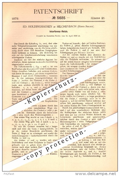 Original Patent - E. Holdinghausen In Hilchenbach B. Siegen , 1878 , Interferenz-Relais , Elektrik , Siegen-Wittgenstein - Hilchenbach