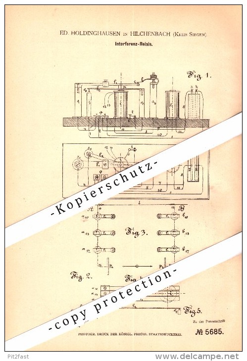 Original Patent - E. Holdinghausen In Hilchenbach B. Siegen , 1878 , Interferenz-Relais , Elektrik , Siegen-Wittgenstein - Hilchenbach