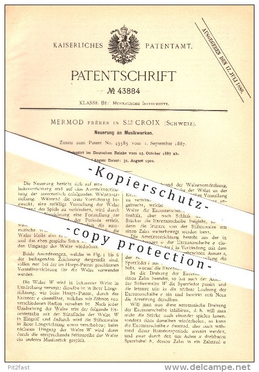 Original Patent - Mermod Frères In Sainte-Croix , VD , 1887 , Musikwerke , Musik , Musikinstrumente , Instrumente !!! - Documents Historiques