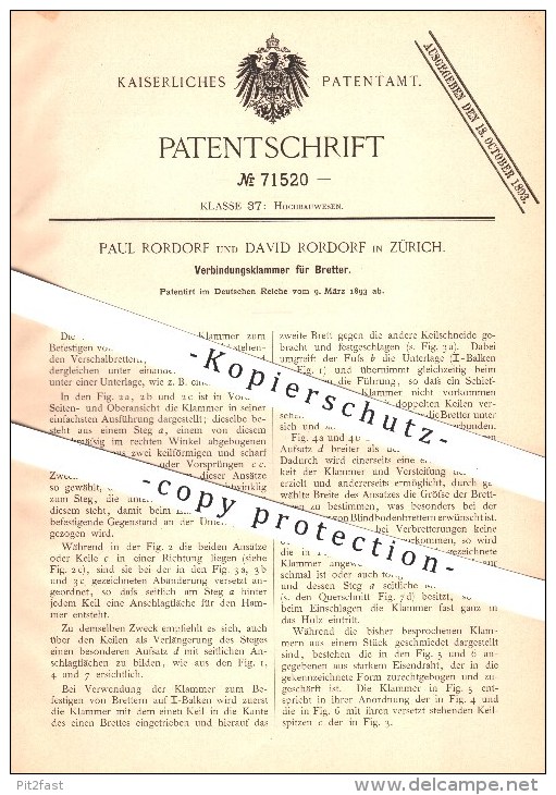 Original Patent - Paul U. David Rordorf , Zürich , 1893 , Verbindungsklammer Für Bretter , Brett , Holz , Bau , Tischler - Historische Dokumente