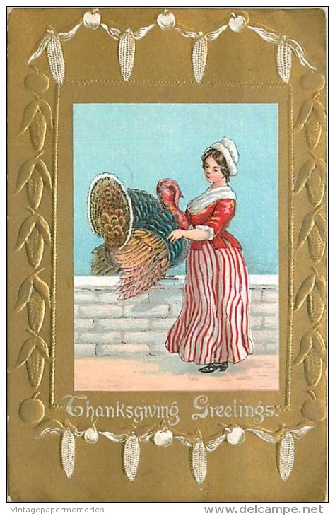 147413-Thanksgiving, Unknown No UP05-1, Woman With Turkey, Embossed Litho - Thanksgiving