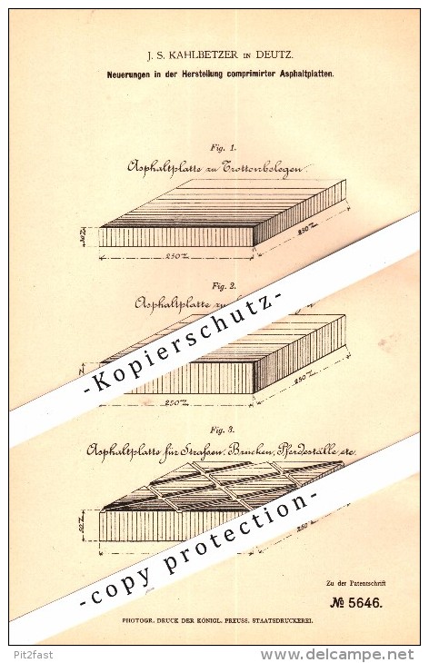 Original Patent - J.S. Kahlbetzer In Deutz B. Köln , 1878 , Herstellung Von Asphalt-Platten , Straßenbau !!! - Documents Historiques