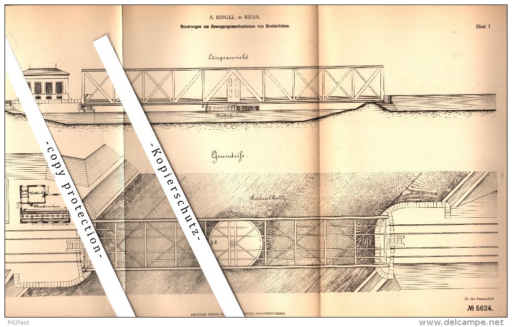 Original Patent - A. Ringel In Riesa , 1878 , Mechanismus Für Drehbrücke , Brücke !!! - Architektur