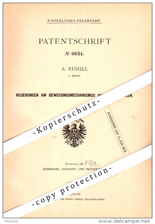 Original Patent - A. Ringel In Riesa , 1878 , Mechanismus Für Drehbrücke , Brücke !!! - Architektur