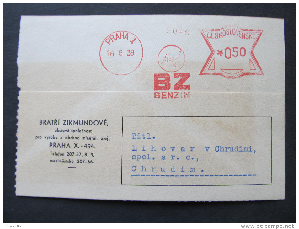 BRIEF Frankotype Postfreistempel 1938 Praha BENZIN Bratri Zikmundove /// T5676 - Briefe U. Dokumente