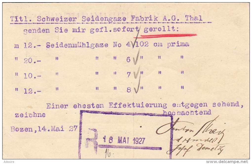 ITALIEN 1927 - 40 C Ganzsache + 10+25 C Zusatzfrankierung Auf Firmen-R-Pk Gel.von Bolzano Nach Thal Schweiz ... - Ganzsachen