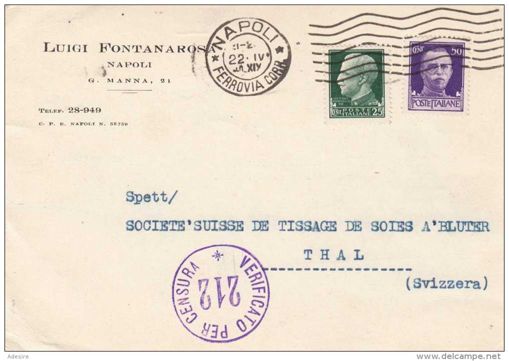 ITALIEN 1941 - 25+50 C Frankierung Auf Firmen-Pk Mit Zensurstempel Gel.von Napoli Nach Thal Schweiz - Ganzsachen
