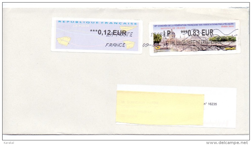 France ATM Vignette LISA Institut De France 2014 Sur Lettre Circulée Vers Belgique - 2010-... Viñetas De Franqueo Illustradas