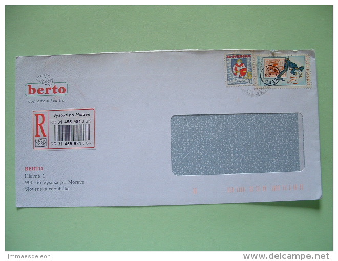 Slokakia 2001 Registered Cover From Vysoka Pri Morave - Arms Warrior Shield - Stamp On Stamp Postman - Brieven En Documenten