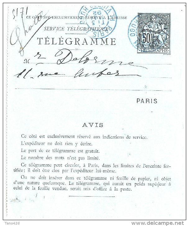 LBON10- CL PNEUMATIQUE CHAPLAIN 50c  NOIR OBL. PARIS PLACE VICTOR HUGO - Pneumatische Post