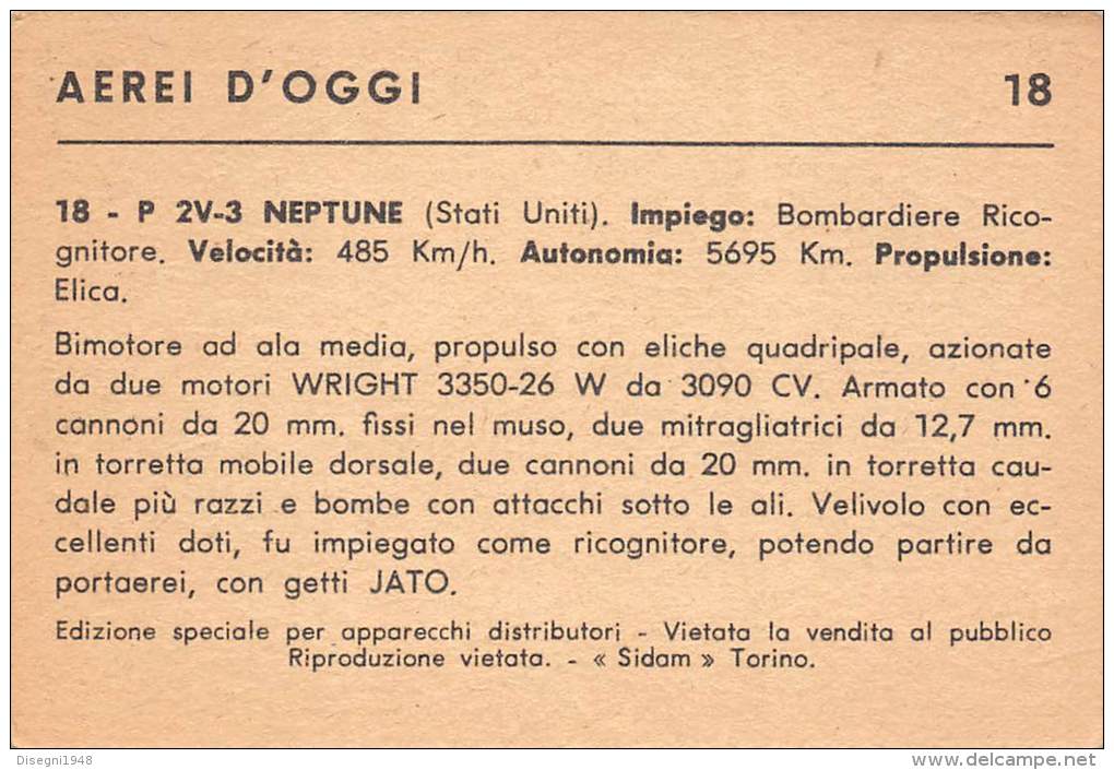 03721 "18 - P 2V-3 NEPTUNE (BOMBARDIERE - RICOGNITORE) - S.I.D.A.M. TORINO - AEREI D'OGGI" FIGURINA CARTONATA ORIGINALE. - Moteurs