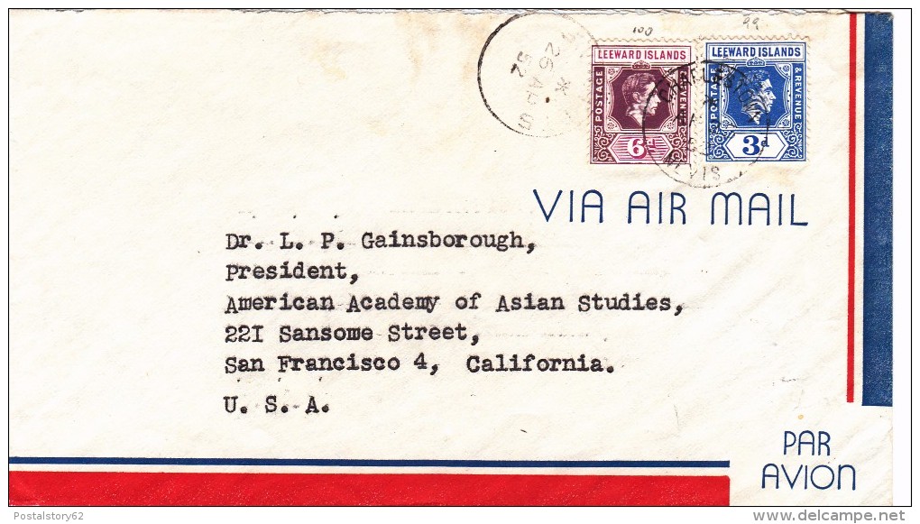 Leeward Islands To California, U.S.A. Cover 1952 - Leeward  Islands