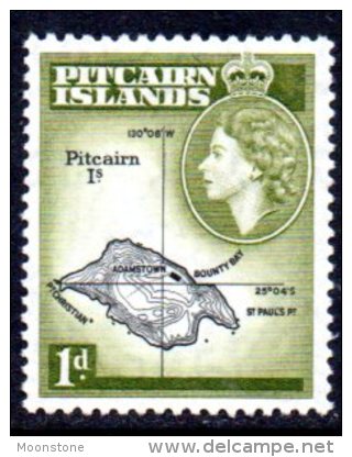 Pitcairn Island 1957 QEII 1d Island Map Definitive, Hinged Mint - Pitcairn Islands