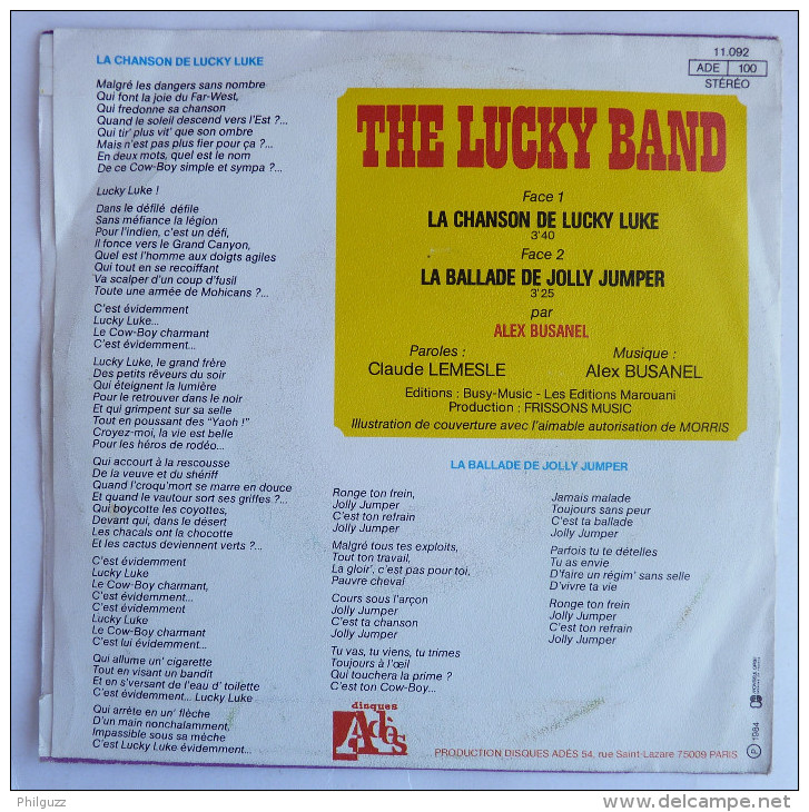 Disque Vinyle 45T THE LUCKY BAND - LA CHANSON DE LUCKY LUKE - ADES 1192 - Pochette MORRIS 1984 - Discos & CD