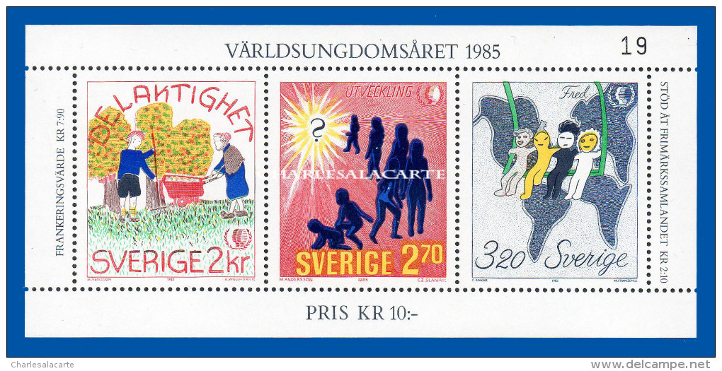 SWEDEN 1985  INTERNATIONAL YOUTH YEAR  M.S.  U.M.  FACIT BL11 - Blocks & Sheetlets