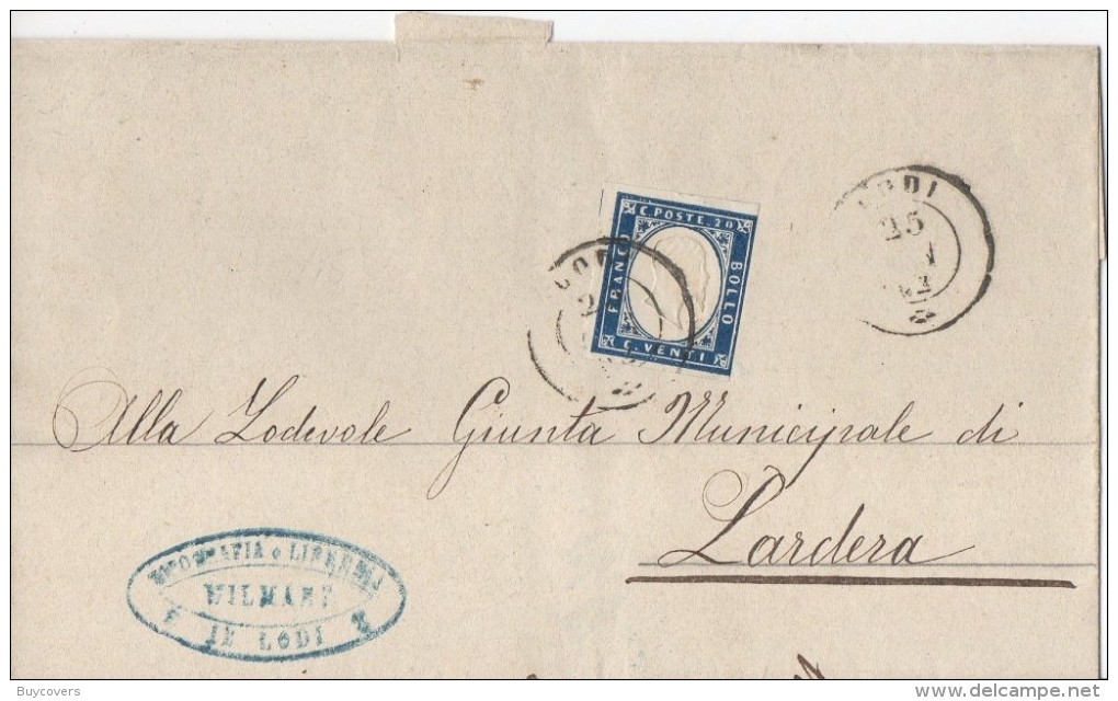 1040 - 25 Febbraio 1863 - Involucro Da Lodi A Lardera , Affrancato Con Cent 20 Indaco ... Leggi.. - Storia Postale