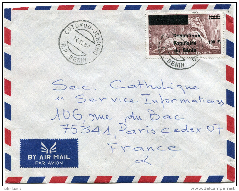 BENIN LETTRE PAR AVION DEPART COTONOU-JERICHO 14-11-89 R.P. BENIN POUR LA FRANCE - Bénin – Dahomey (1960-...)