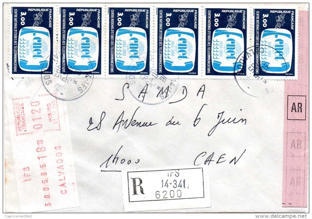 Lettre Recommandée - 1985 - 6 Timbres CNET N° 2317 + étiquette De Guichet S1 - Oblitérés