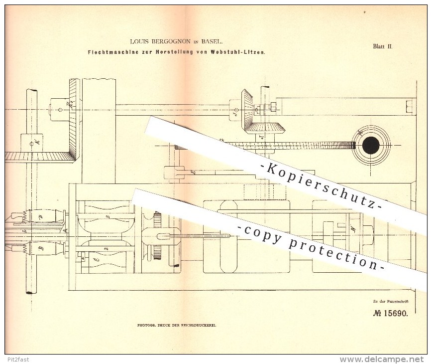 Original Patent - Louis Bergognon In Basel , 1881 , Flechtmaschine Zur Herstellung Von Webstuhl - Litzen , Weber !!! - Documents Historiques