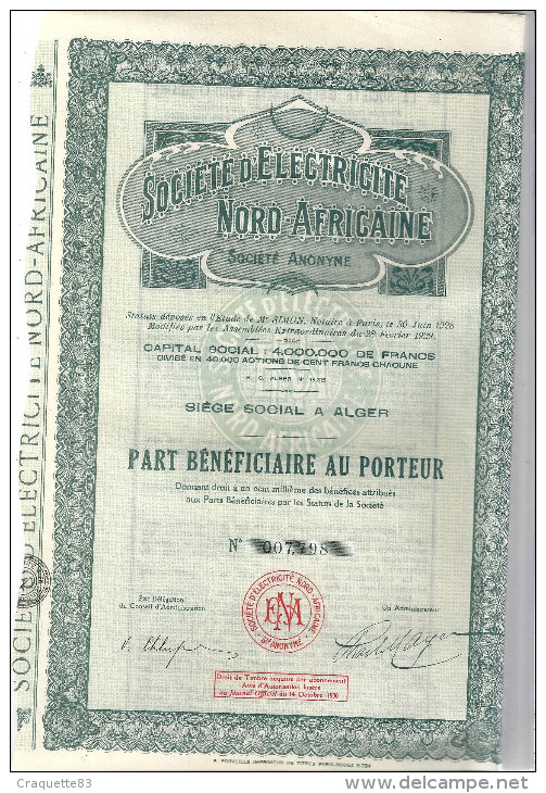 SOCIETE D'ELECTRICITE NORD-AFRICAINE S.A. -1930 N° 007,798 - Elektrizität & Gas