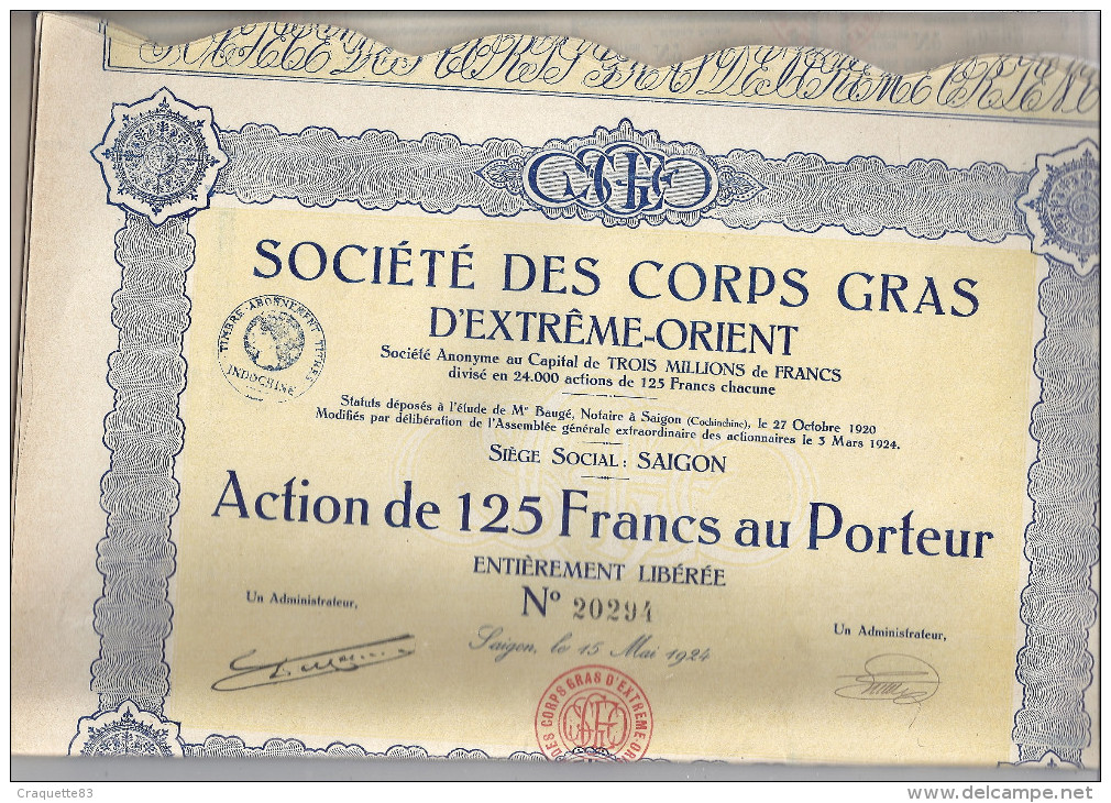 SOCIETE DES CORPS-GRAS D'EXTREME ORIENT  SIEGE SOCIAL :SAIGON  ACTION 125 Frs Au Porteur N° 20294 - Asia