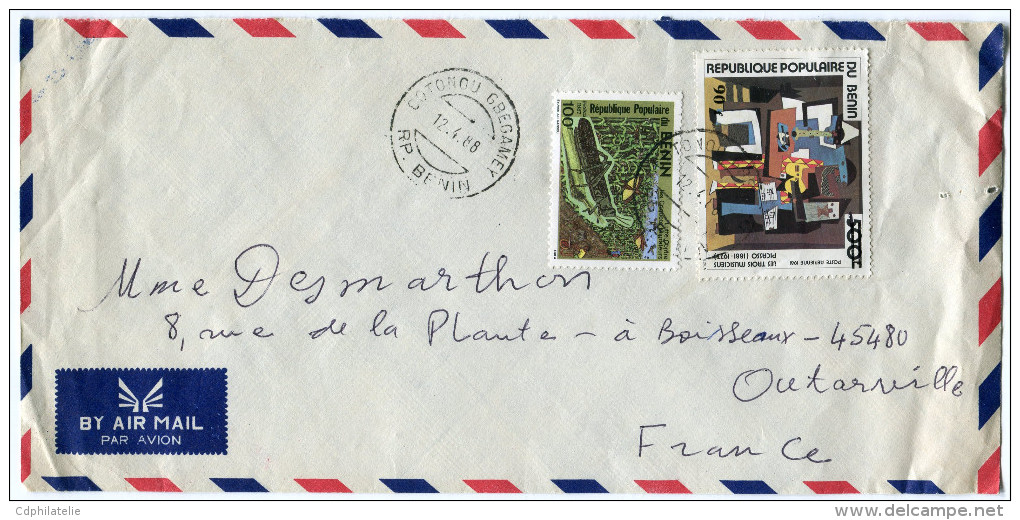 BENIN LETTRE PAR AVION DEPART COTONOU GBEGAMEY 12-4-88 RP. BENIN POUR LA FRANCE - Benin – Dahomey (1960-...)