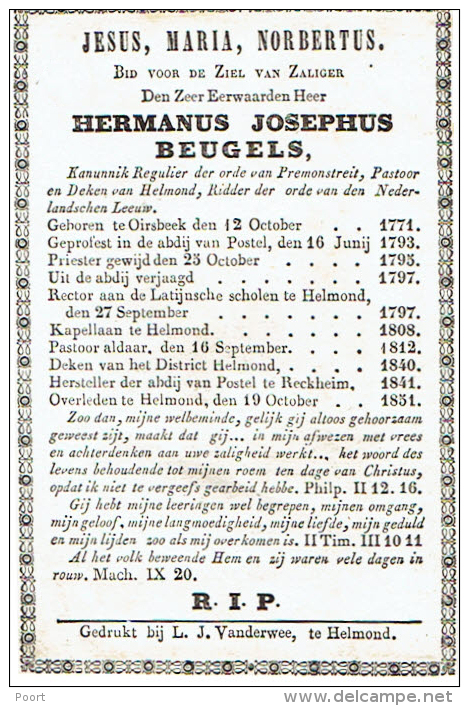 OIRSBEEK - POSTEL - HELMOND - RECKHEIM  Doodsprentje E.H. BEUGELS Hermanus °1771 En +1851 - Devotion Images