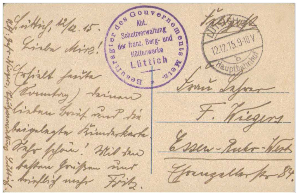 Tervuren, Musee Du Congo, Feldpost, Schutzverwaltung Französischer Berg-und Hüttenwerke, Lüttich, Postkarte - Tervuren