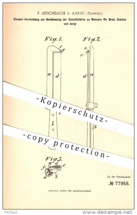 Original Patent - F. Aeschbach , Aarau , Schweiz , 1893 , Messer Für Brot , Gemüse , Schneiden , Haushalt , Gemüsemesser - Historical Documents