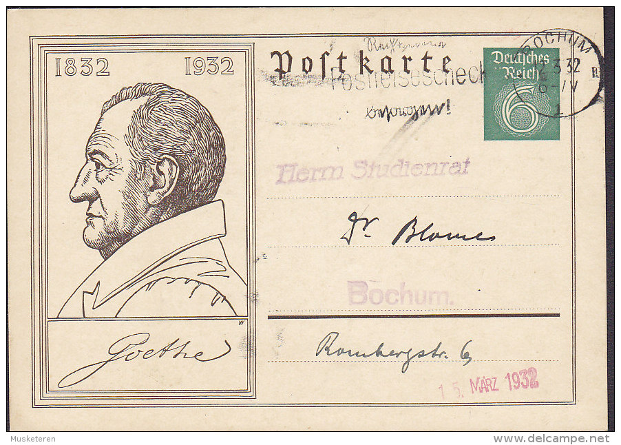 Germany Deutsches Reich Postal Stationery Ganzsache GOETHE 1832-1932, BOCHUM 1932 (2 Scans) - Cartes Postales