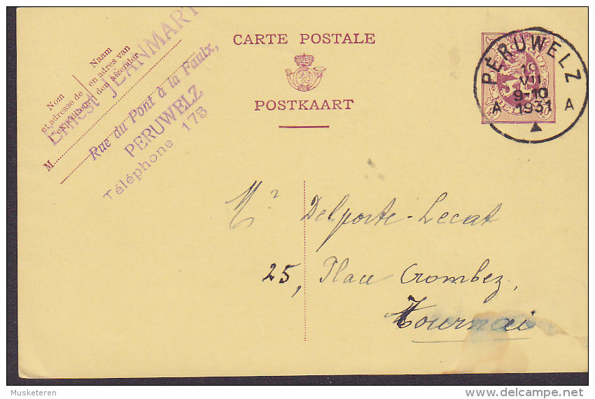 Belgium Postal Stationery Ganzsache Entier 40 C. Lion Arms PERUWELZ 1931 TOURNAI (2 Scans) - Postkarten 1909-1934