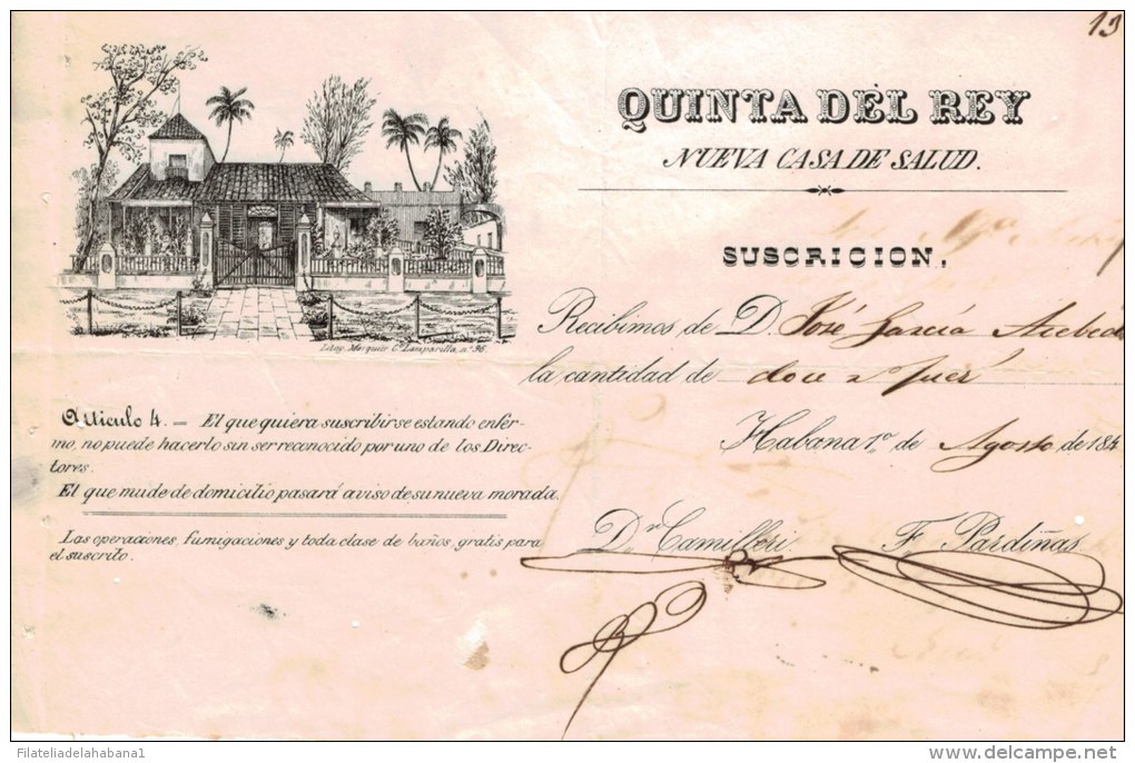 *E305 CUBA SPAIN  ESPAÑA QUINTA DEL REY MEDICINE 1848 ENGRAVING INVOICE - Historical Documents