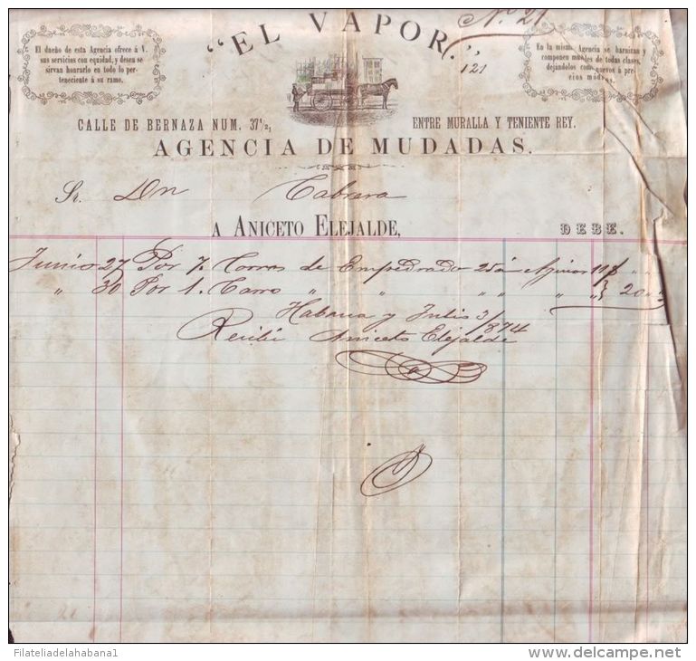 *E375 CUBA SPAIN INVOICE 1874 EL VAPOR AGENCIA MUDANZA ESPAÑA ENGRAVING INVOICE - Historical Documents