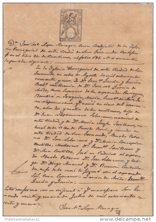 E165 ESPAÑA SPAIN SEALLED PAPER \"HABILITADO POR LA NACION\" 1869. BLUE. 200 ML - Historical Documents