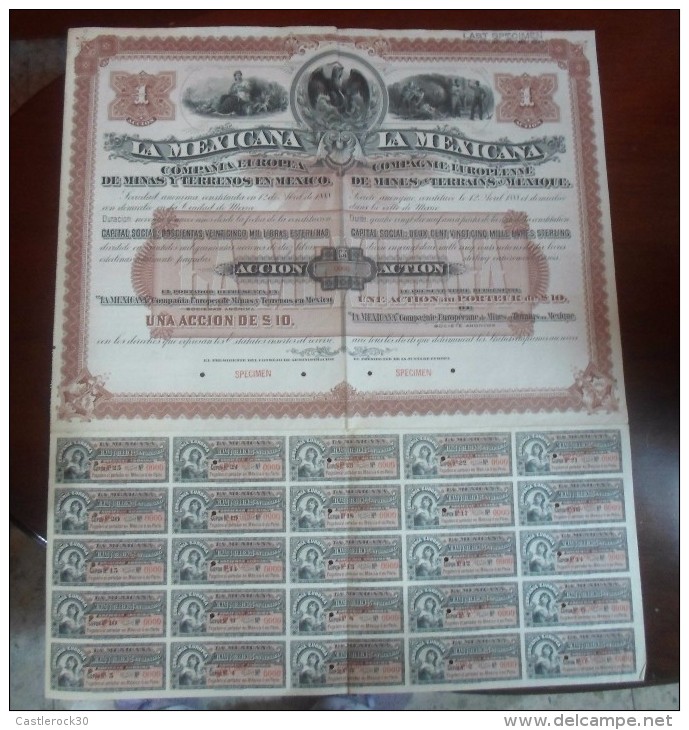 O) 1888 MEXICO, REVENUE- STOCK AND BONDS, COMPAGNIE EUROPEENNE OF MINES ET TERRAINS AU MEXIQUE, ACTION 0000, XF - México