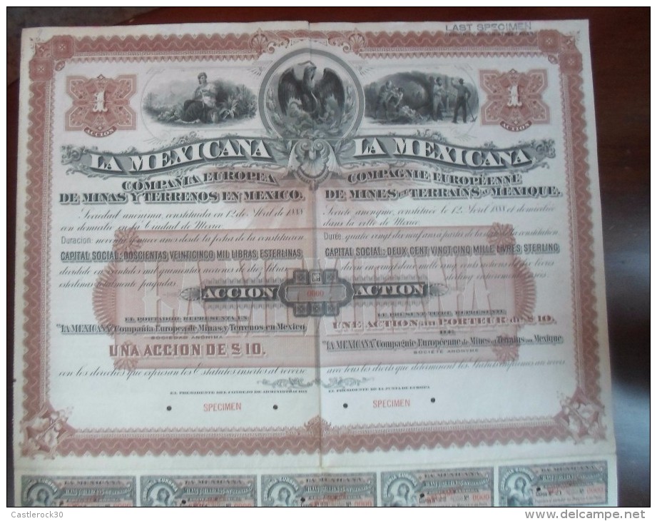 O) 1888 MEXICO, REVENUE- STOCK AND BONDS, COMPAGNIE EUROPEENNE OF MINES ET TERRAINS AU MEXIQUE, ACTION 0000, XF - Mexiko