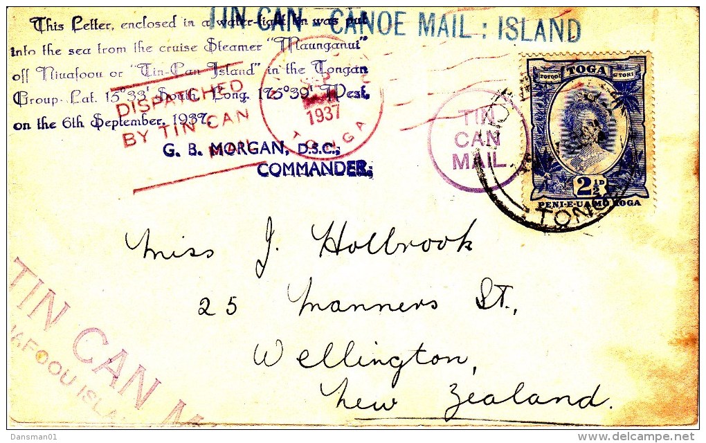 Tonga 1937 Tin Can Mail Cover - Tonga (...-1970)