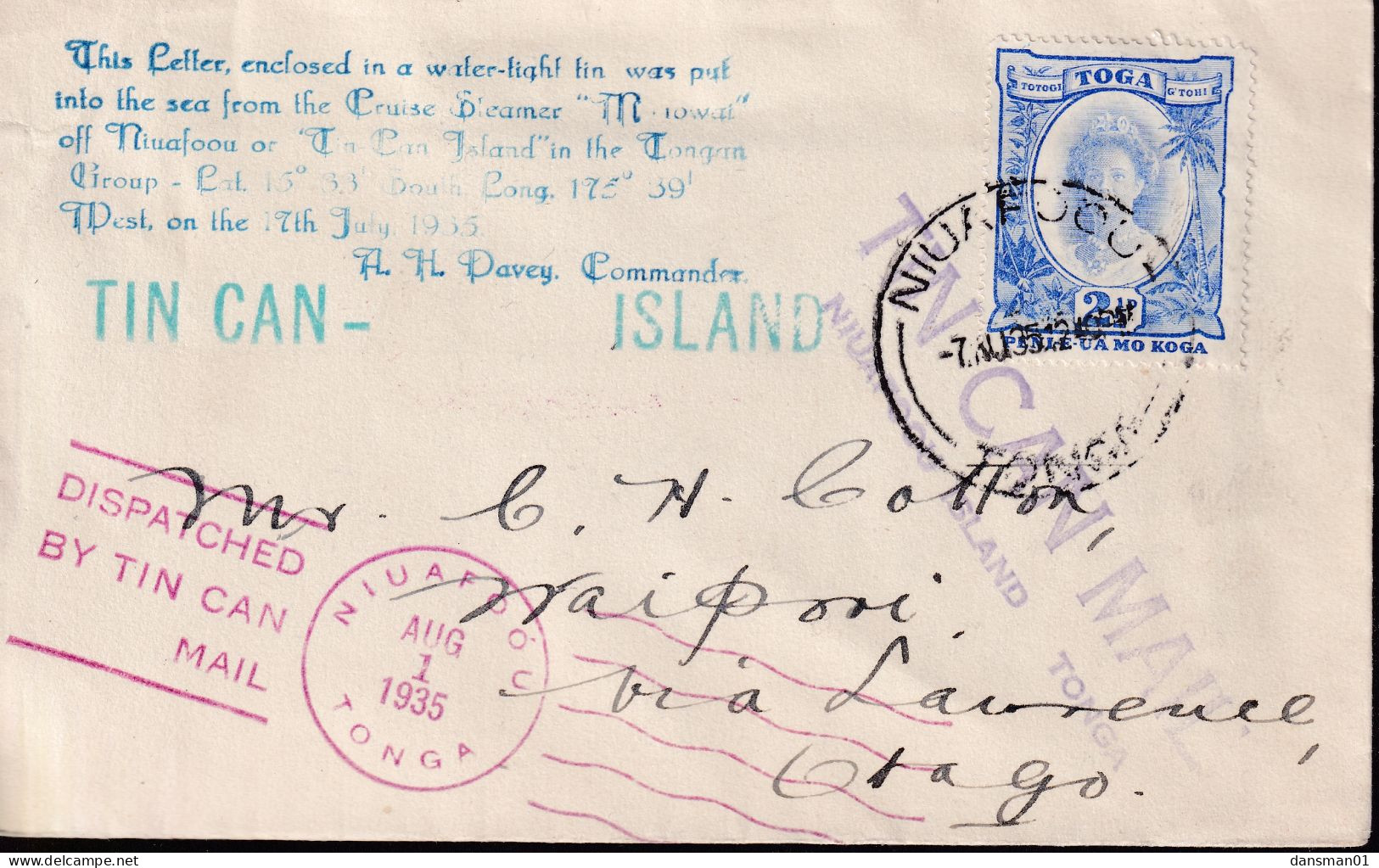 Tonga 1935 Tin Can Mail Cover - Tonga (...-1970)