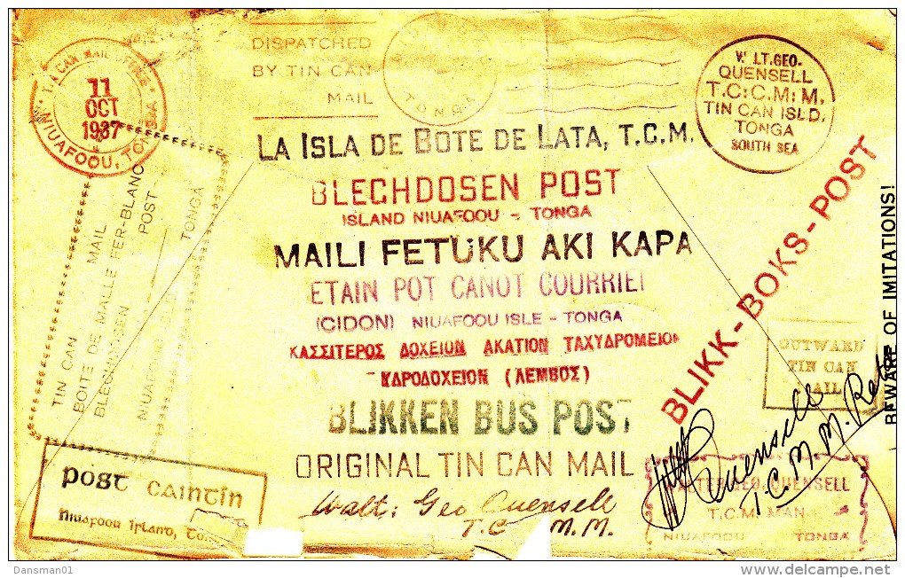 Tonga 1937 Tin Can Mail Cover - Tonga (...-1970)