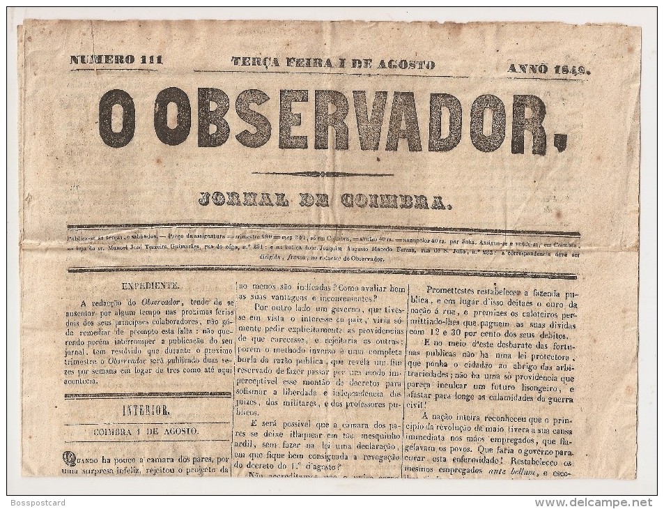 Coimbra - Jornal "O Observador" Nª 111 De 1846 - Magazines