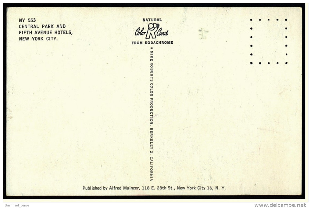 New York City  -  Central Park And Fifth Avenue Hotels  -  Ansichtskarte Ca.1970   (4696) - Central Park
