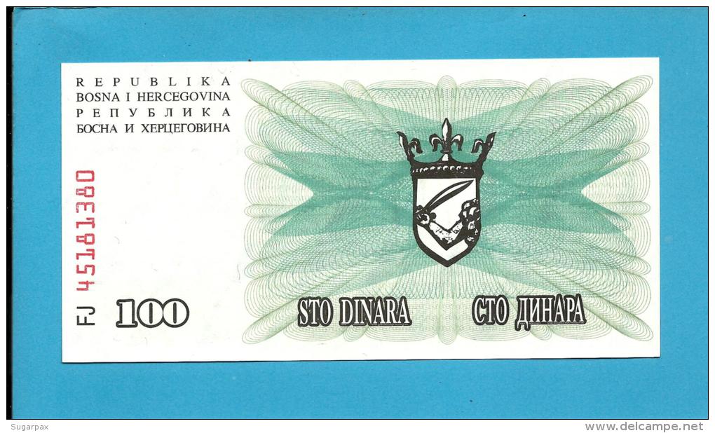 BOSNIA &amp; HERZEGOVINA - 100 DINARA - 1992 - Pick 13 - UNC. -  Prefix FJ - Narodna Banka Bosne I Hercegovine - Bosnia And Herzegovina